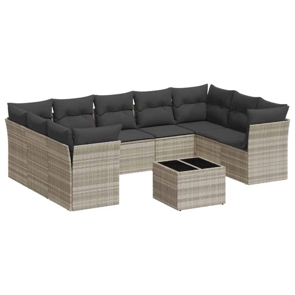 Set Divano Giardino 10 pz con Cuscini Grigio Chiaro Polyrattan 3249981