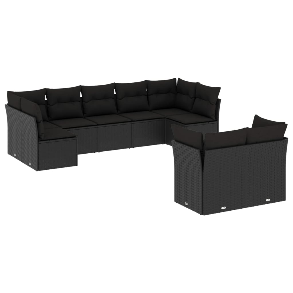 Set Divani da Giardino 9 pz con Cuscini Nero in Polyrattan 3249984