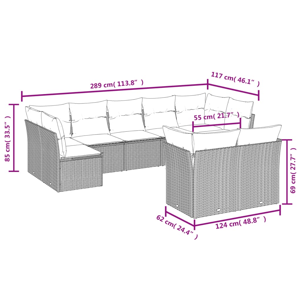 Set Divani da Giardino 9 pz con Cuscini Nero in Polyrattan 3249984