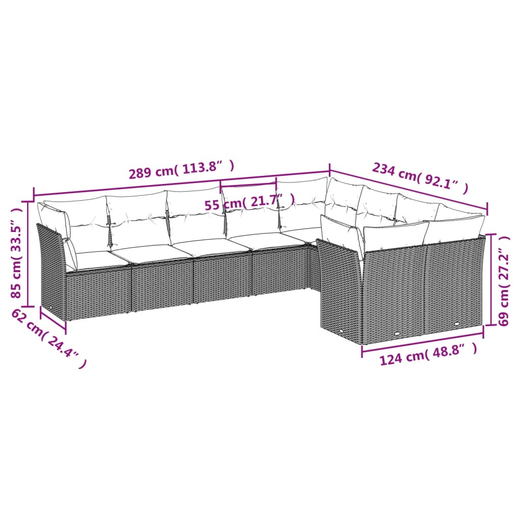 Set Divano da Giardino 9 pz con Cuscini Beige in Polyrattan 3250008