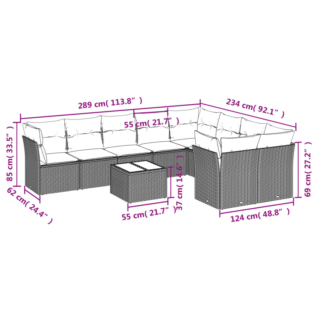 Set Divani da Giardino 10pz con Cuscini in Polyrattan Nero 3250014