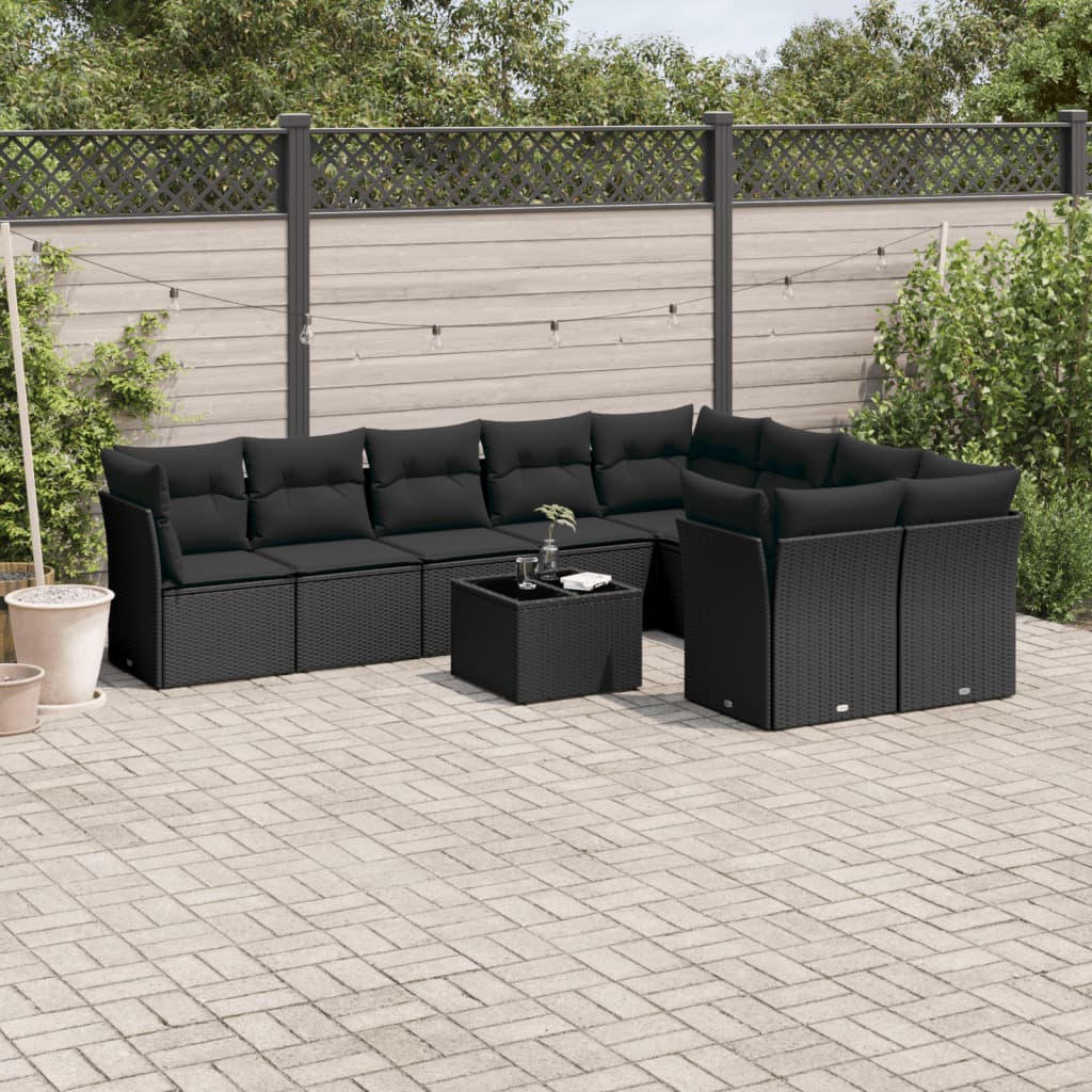 Set Divani da Giardino 10pz con Cuscini in Polyrattan Nero 3250014