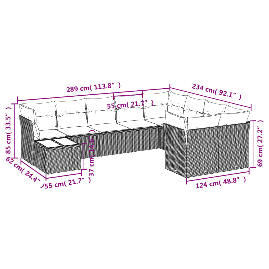 Set Divani da Giardino 10pz con Cuscini in Polyrattan Nero 3250025