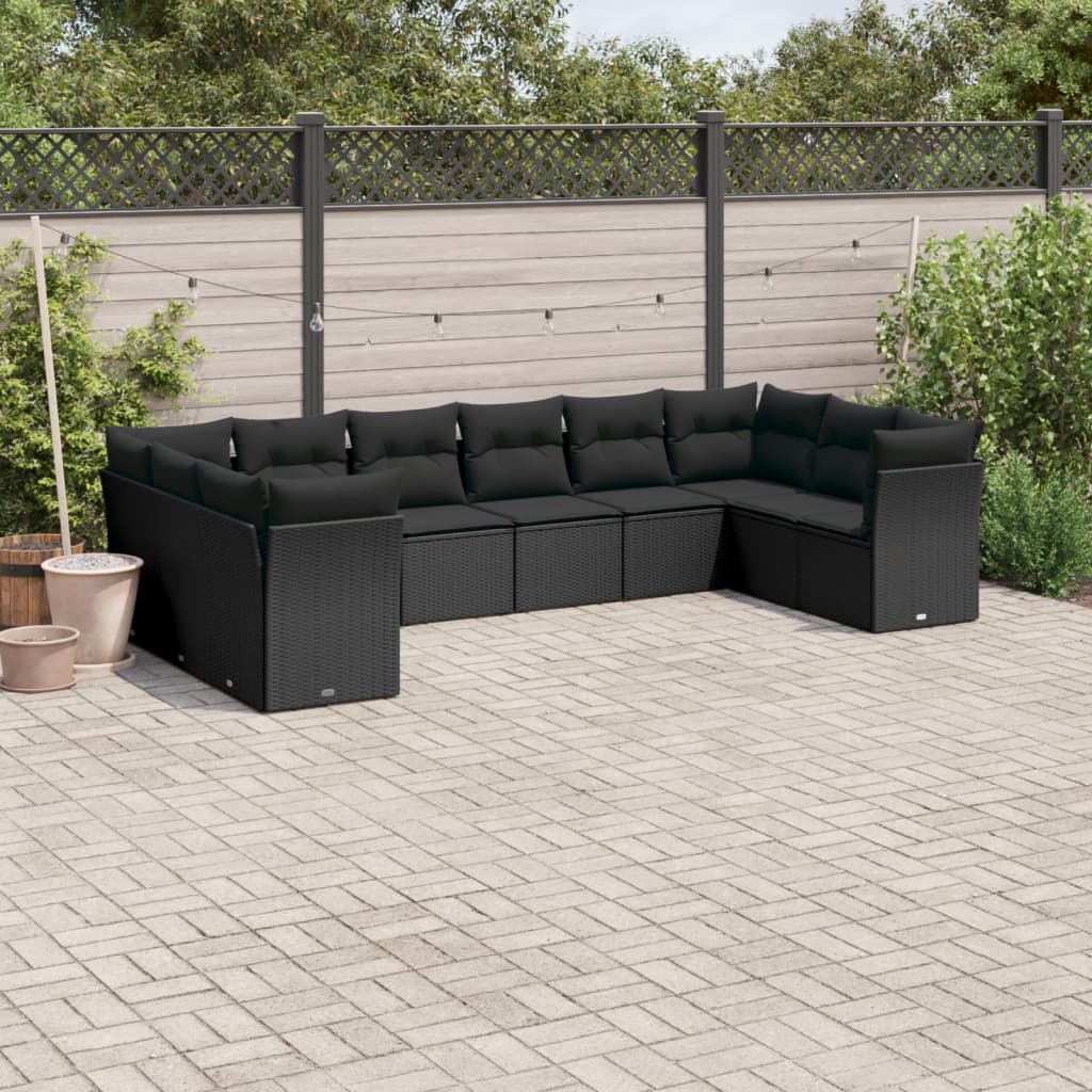 Set Divani da Giardino 10pz con Cuscini in Polyrattan Nero 3250034