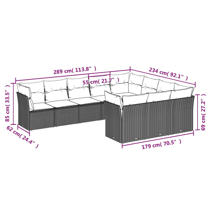 Set Divani da Giardino 10pz con Cuscini in Polyrattan Nero 3250055