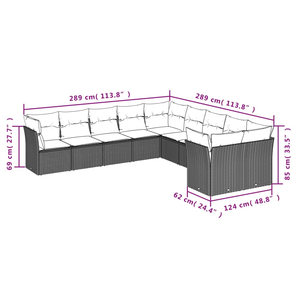 Set Divano da Giardino 10 pz con Cuscini Grigio in Polyrattan 3250079