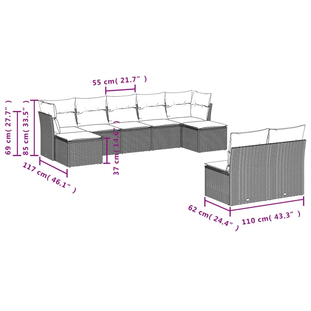 Set Divani da Giardino 9 pz con Cuscini Nero in Polyrattan 3250105