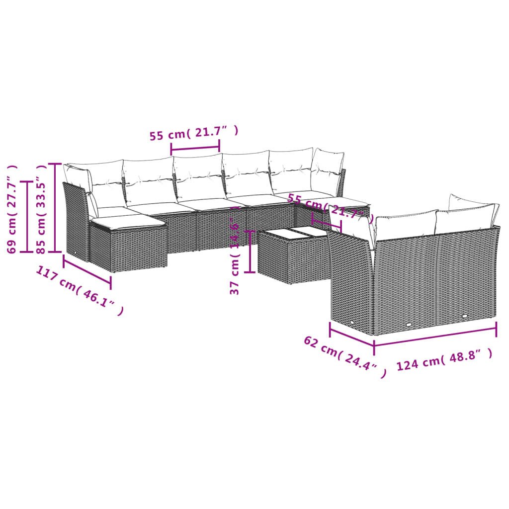 Set Divani da Giardino 10pz con Cuscini in Polyrattan Nero 3250154