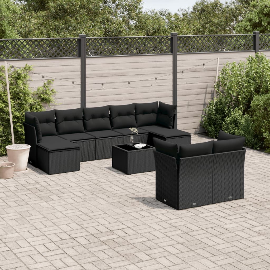 Set Divani da Giardino 10pz con Cuscini in Polyrattan Nero 3250154