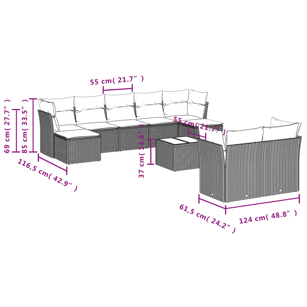 Set Divano Giardino 10 pz con Cuscini Grigio Chiaro Polyrattan 3250161