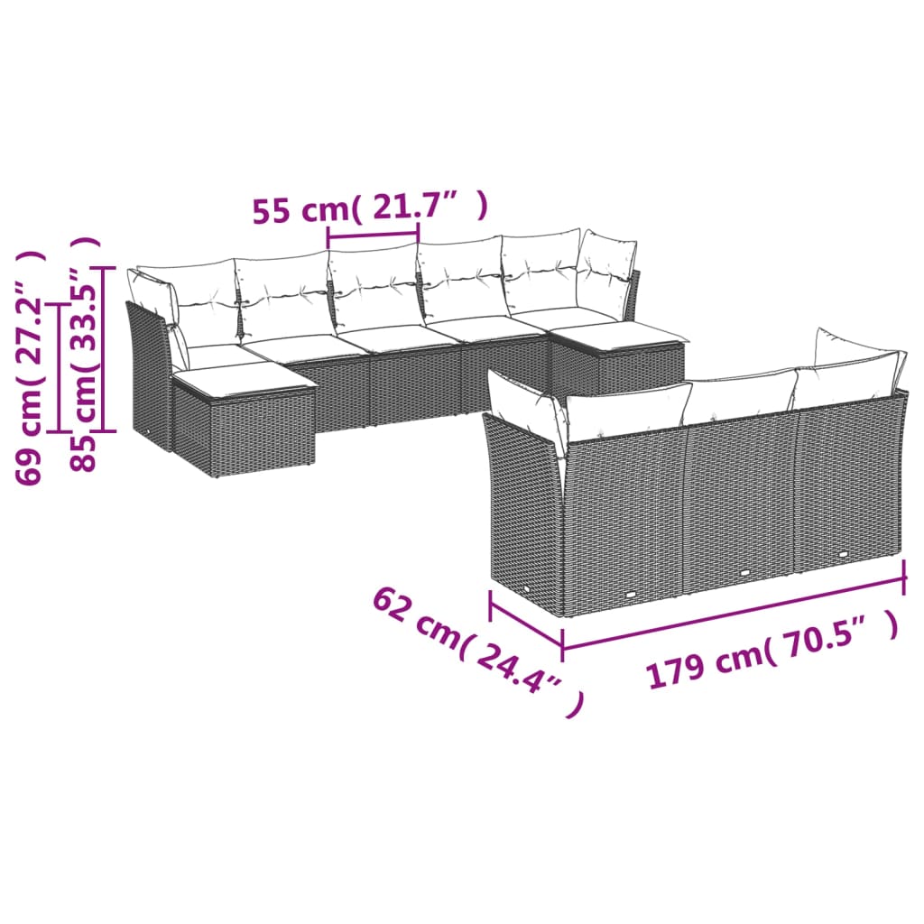 Set Divano da Giardino 10 pz con Cuscini Beige in Polyrattan 3250168