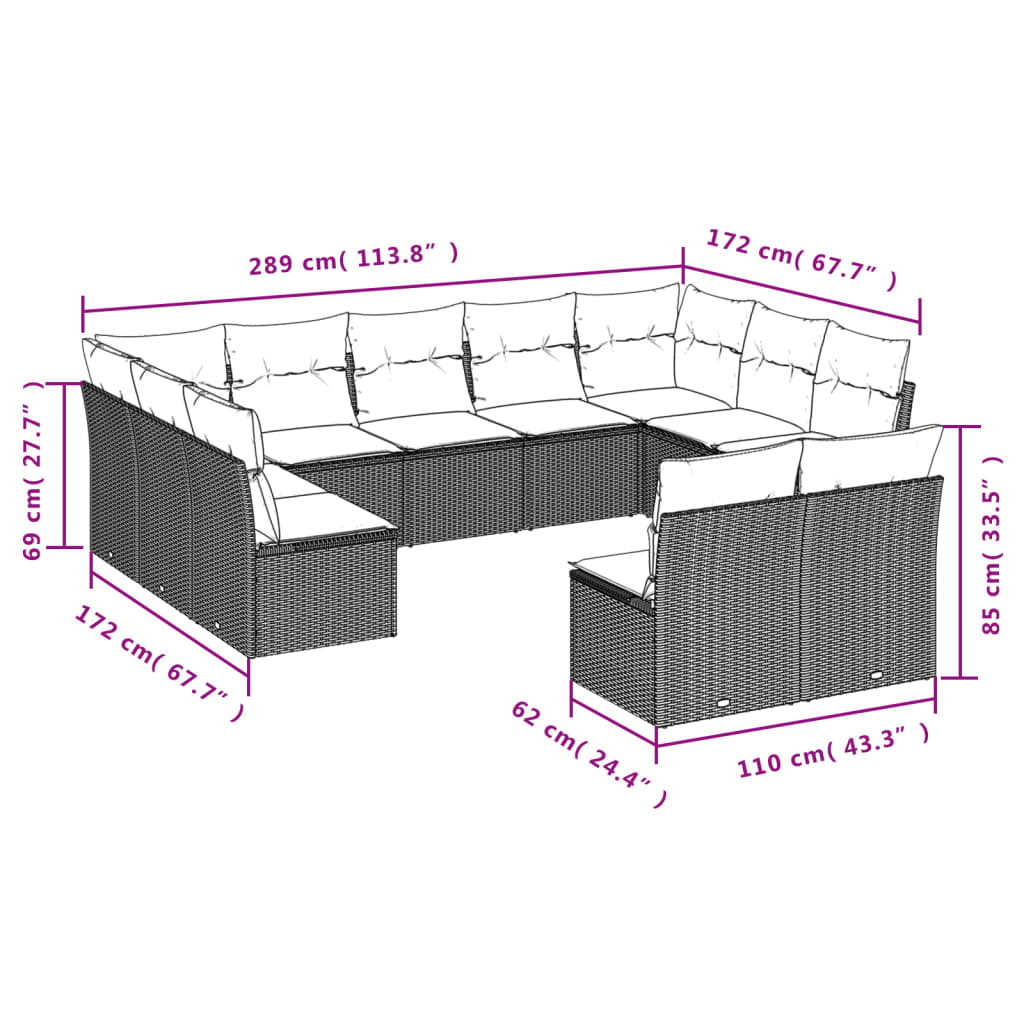 Set Divani da Giardino 11 pz con Cuscini in Polyrattan Nero 3250184