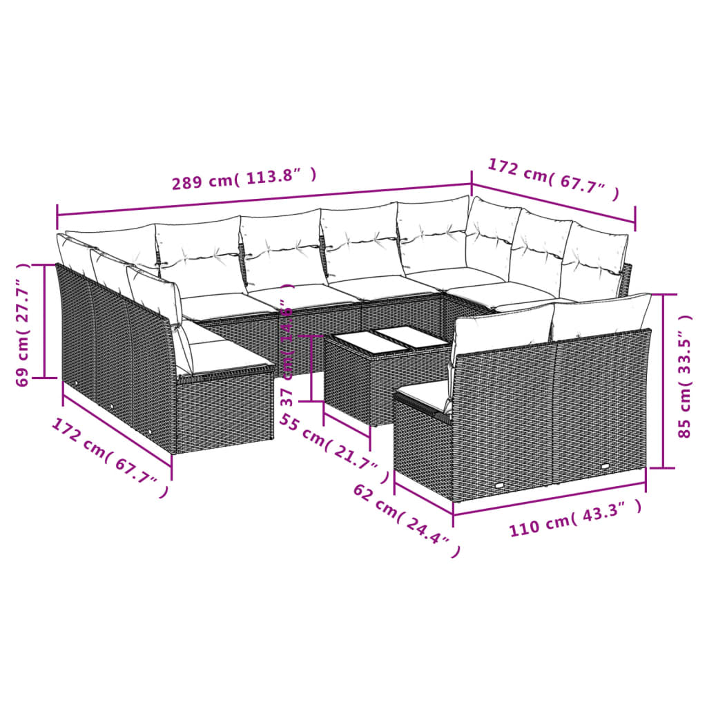 Set Divani da Giardino 12 pz con Cuscini Nero in Polyrattan 3250194