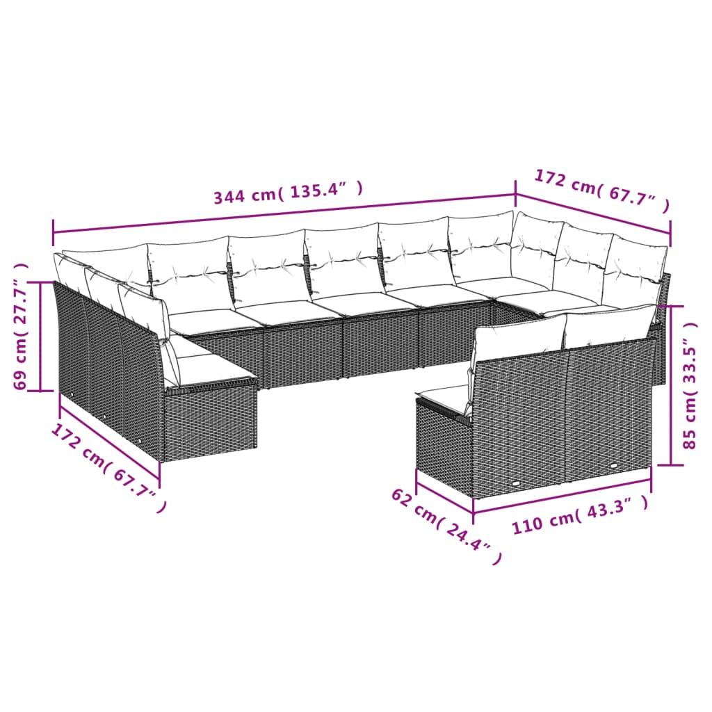 Set Divani da Giardino 12 pz con Cuscini Beige in Polyrattan 3250208