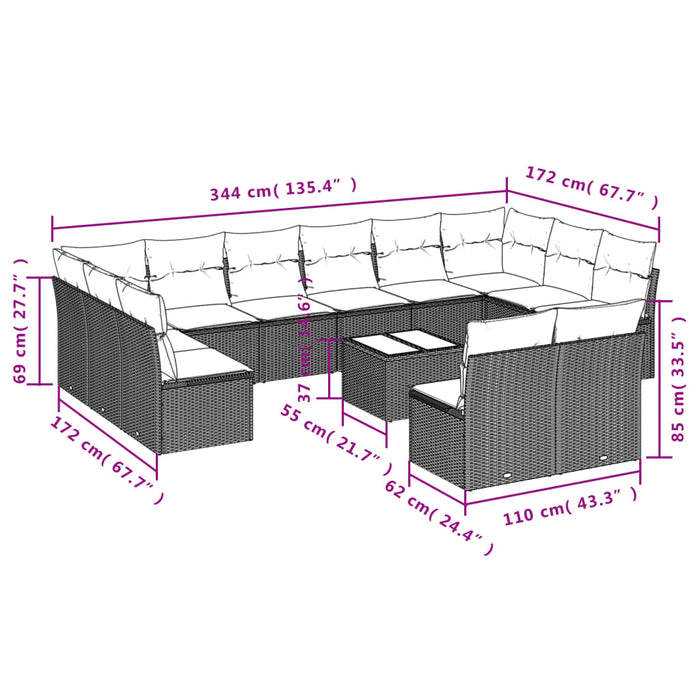 Set Divani da Giardino 13pz con Cuscini Nero in Polyrattan 3250215