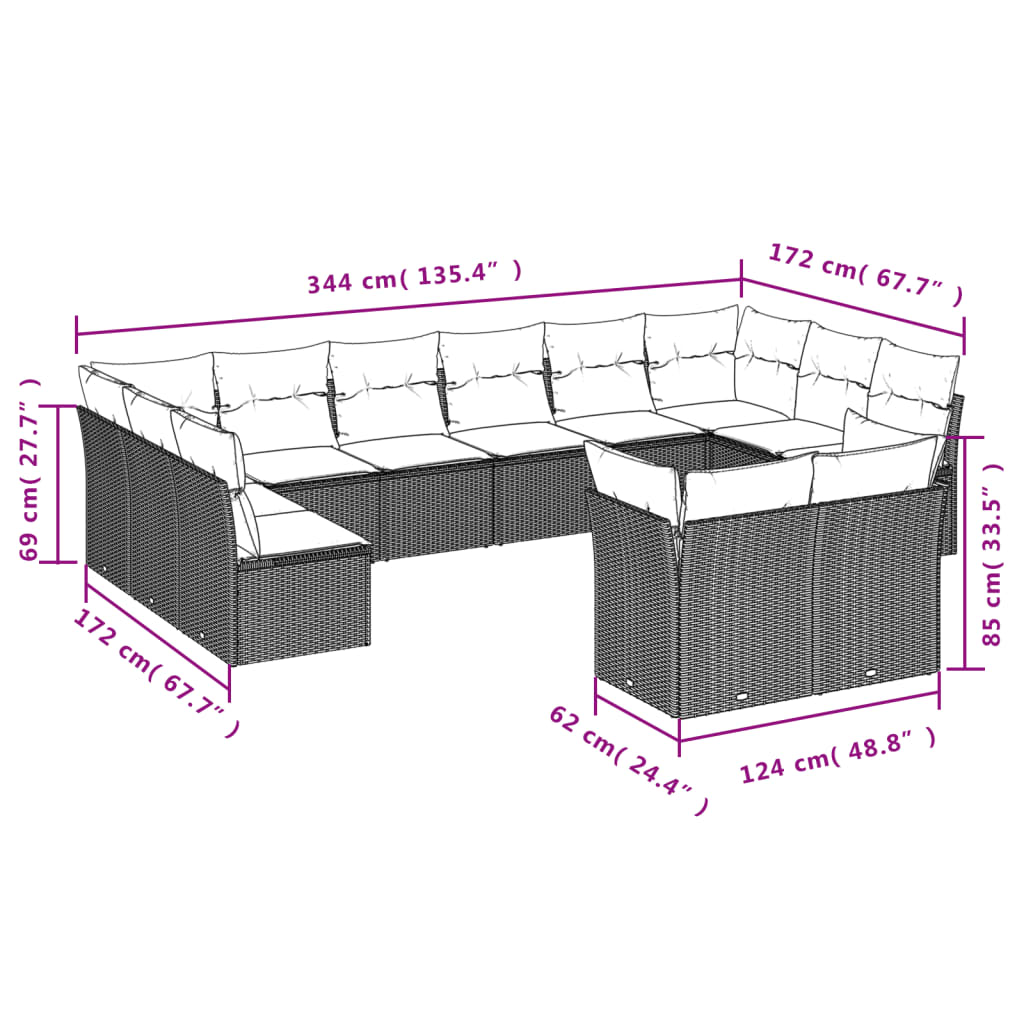 Set Divani da Giardino 12 pz con Cuscini Beige in Polyrattan 3250267