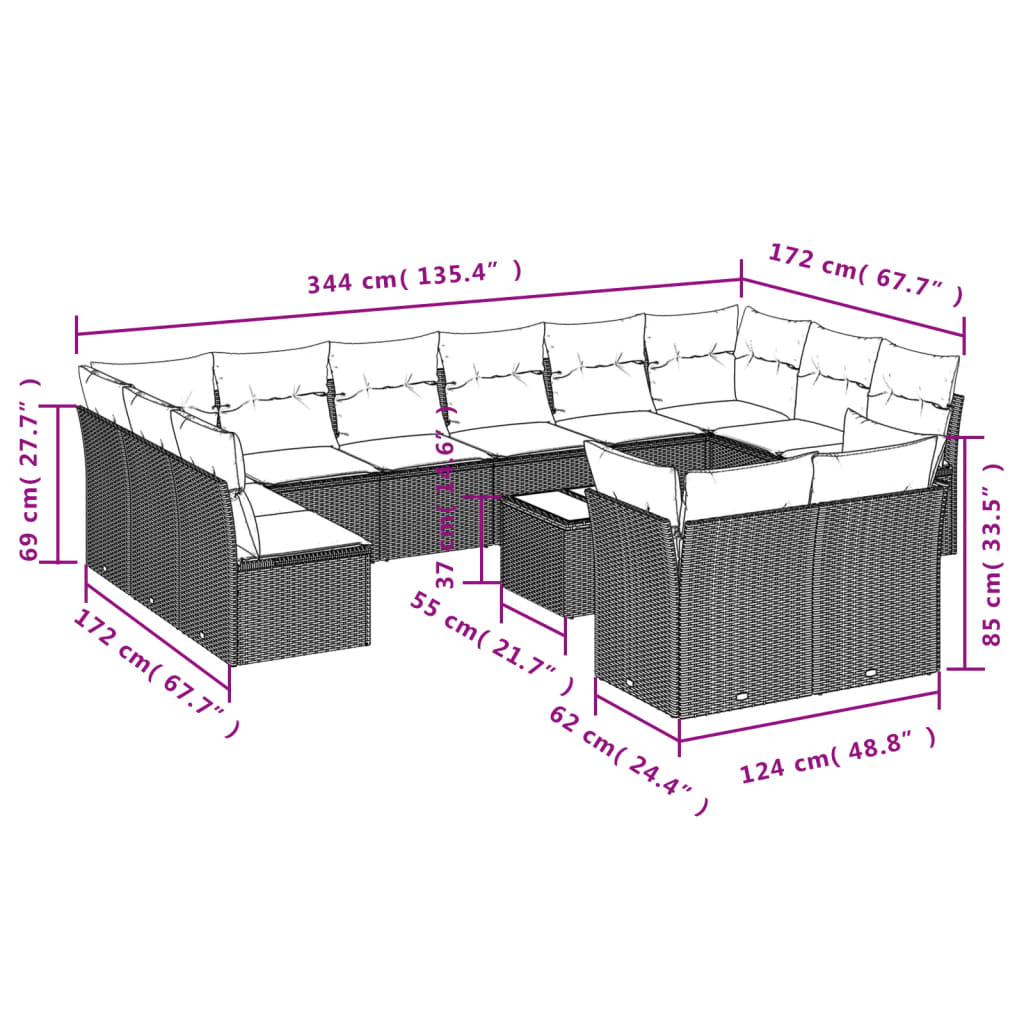 Set Divani da Giardino 13 pz con Cuscini Grigio in Polyrattan 3250279