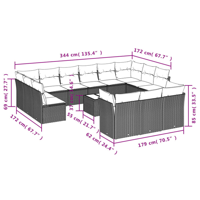 Set Divani da Giardino 14pz con Cuscini in Polyrattan Nero 3250295