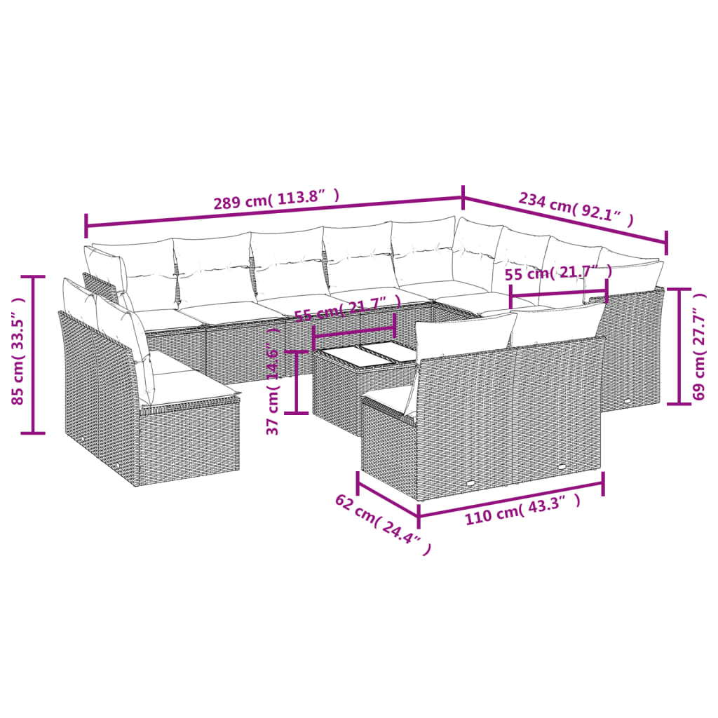 Set Divani da Giardino 13 pz con Cuscini Grigio in Polyrattan 3250319