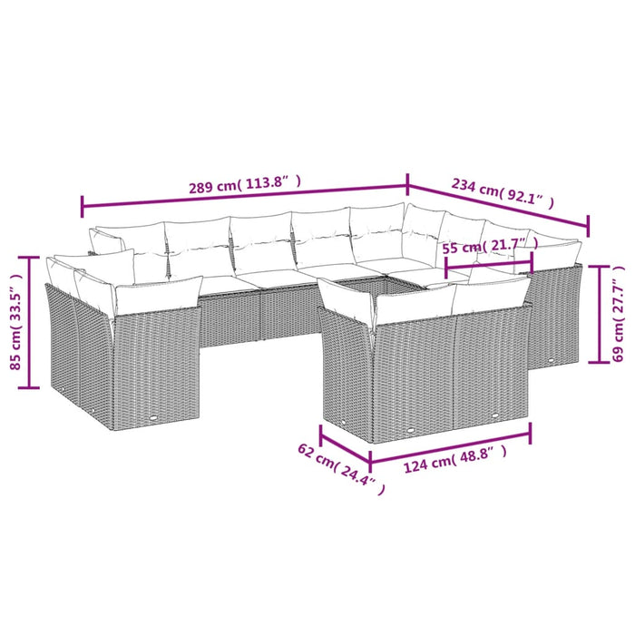 Set Divani da Giardino 12 pz con Cuscini Grigio in Polyrattan 3250369