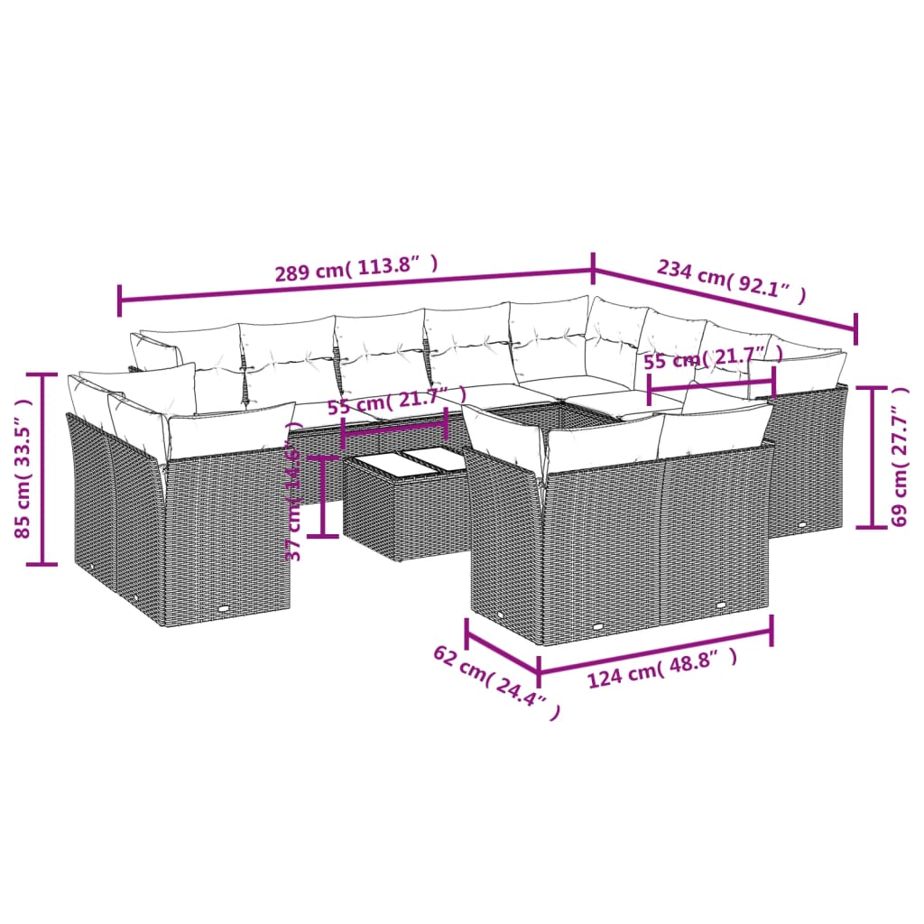 Set Divani da Giardino 13 pz con Cuscini Grigio in Polyrattan 3250379