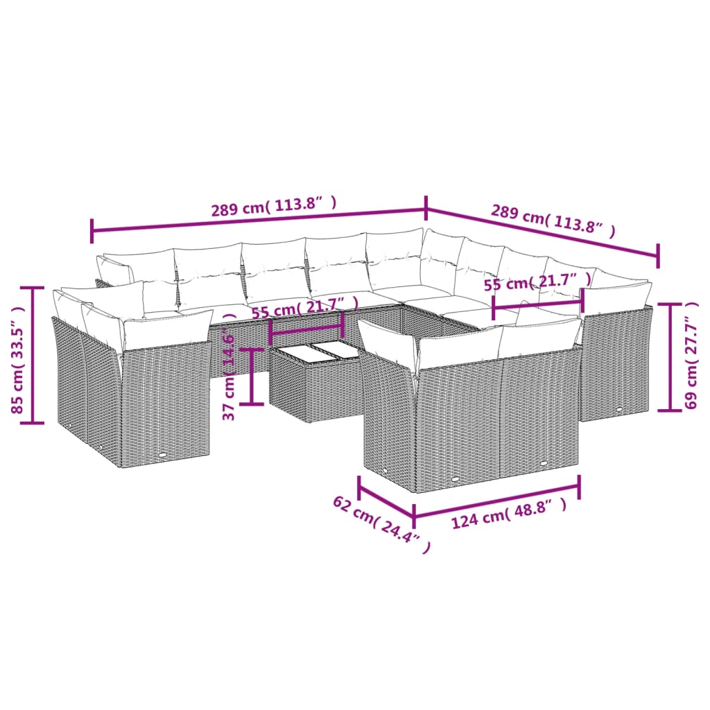 Set Divani da Giardino 14pz con Cuscini in Polyrattan Beige 3250398