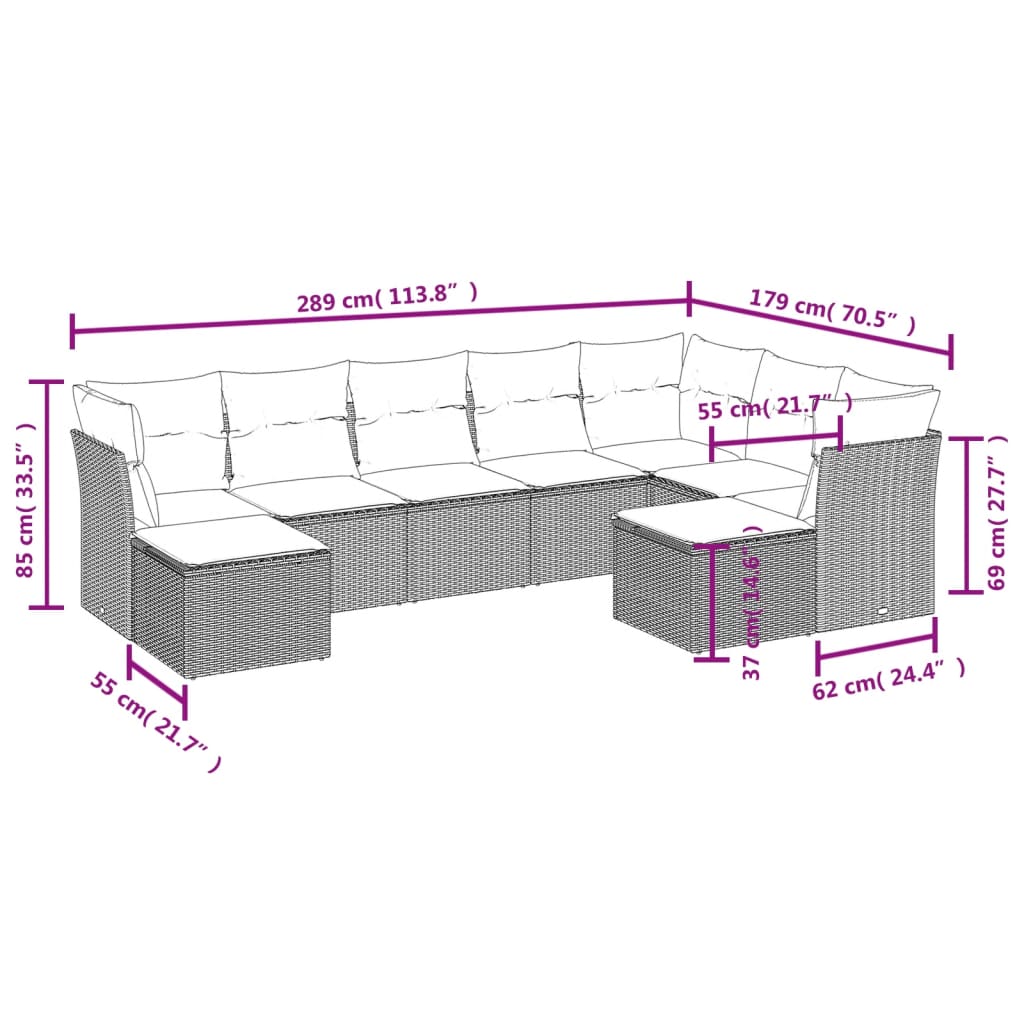 Set Divano da Giardino 9 pz con Cuscini Grigio in Polyrattan 3250409