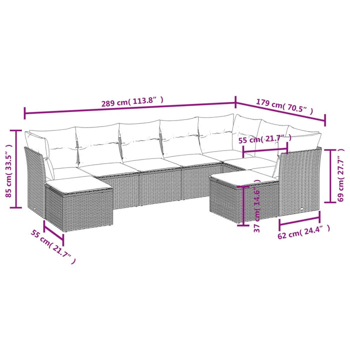 Set Divano da Giardino 9 pz con Cuscini Grigio in Polyrattan 3250409