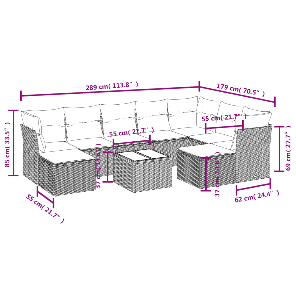 Set Divano da Giardino 10 pz con Cuscini Grigio in Polyrattan 3250419