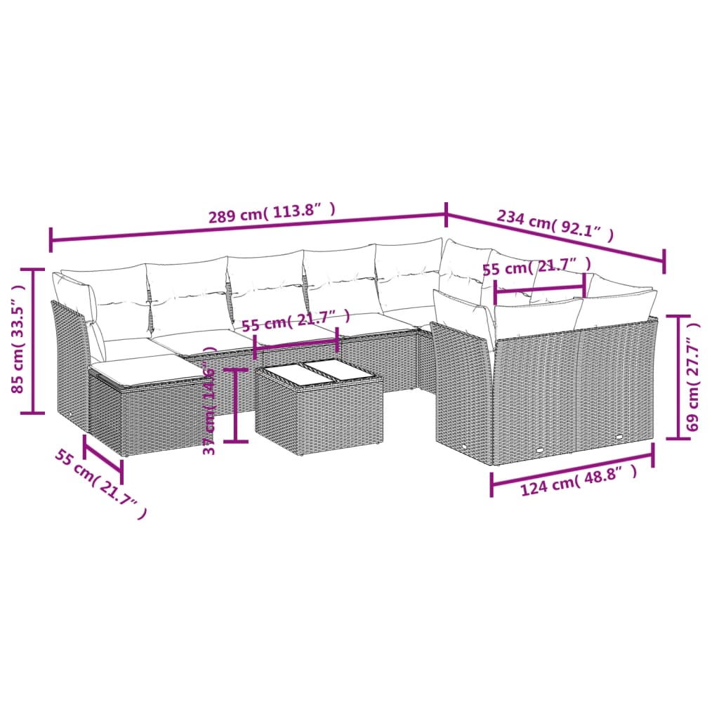 Set Divani da Giardino 11 pz con Cuscini in Polyrattan Grigio 3250441