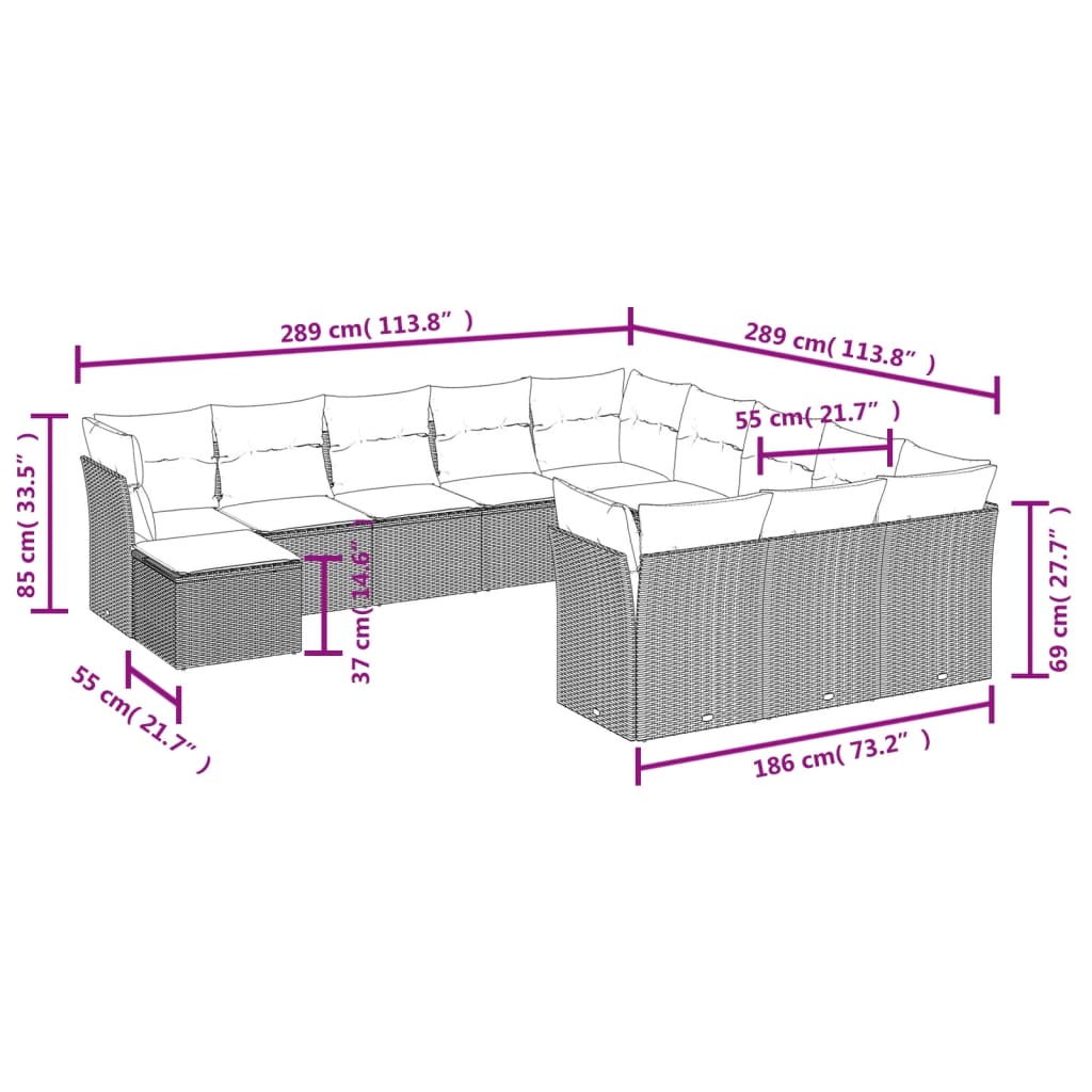 Set Divani da Giardino 12 pz con Cuscini Nero in Polyrattan 3250465