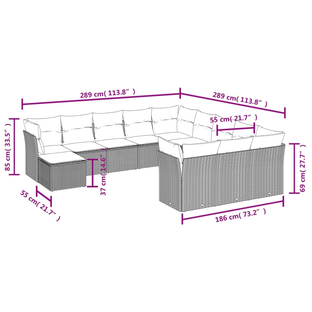 Set Divano Giardino 12 pz con Cuscini Grigio Chiaro Polyrattan 3250471