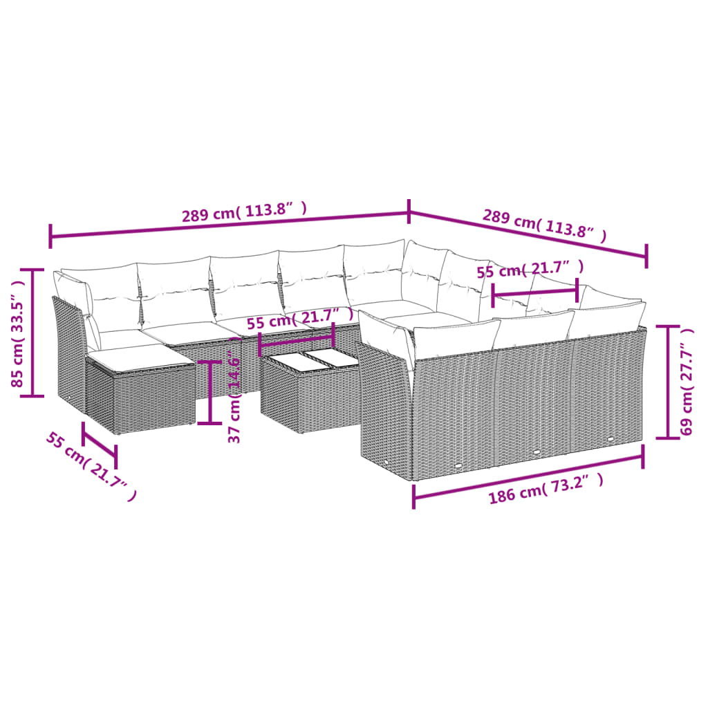 Set Divani da Giardino 13pz con Cuscini Nero in Polyrattan 3250474