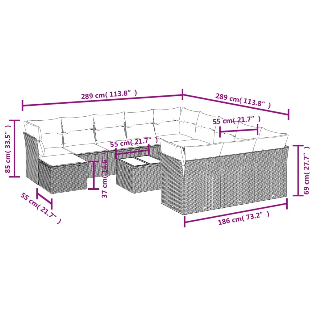 Set Divani da Giardino 13pz con Cuscini Nero in Polyrattan 3250475