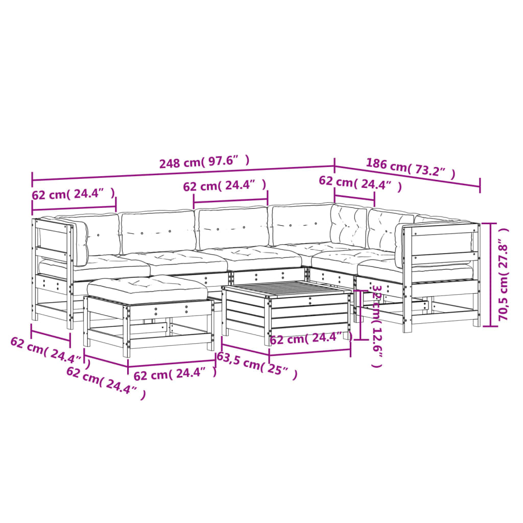 Set Salotto Giardino 8 pz Cuscini Antracite Legno Massello Pino 3250560