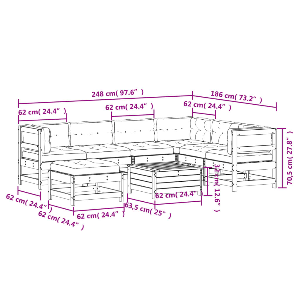 Set Salotto Giardino 8 pz Cuscini Antracite Legno Massello Pino 3250624