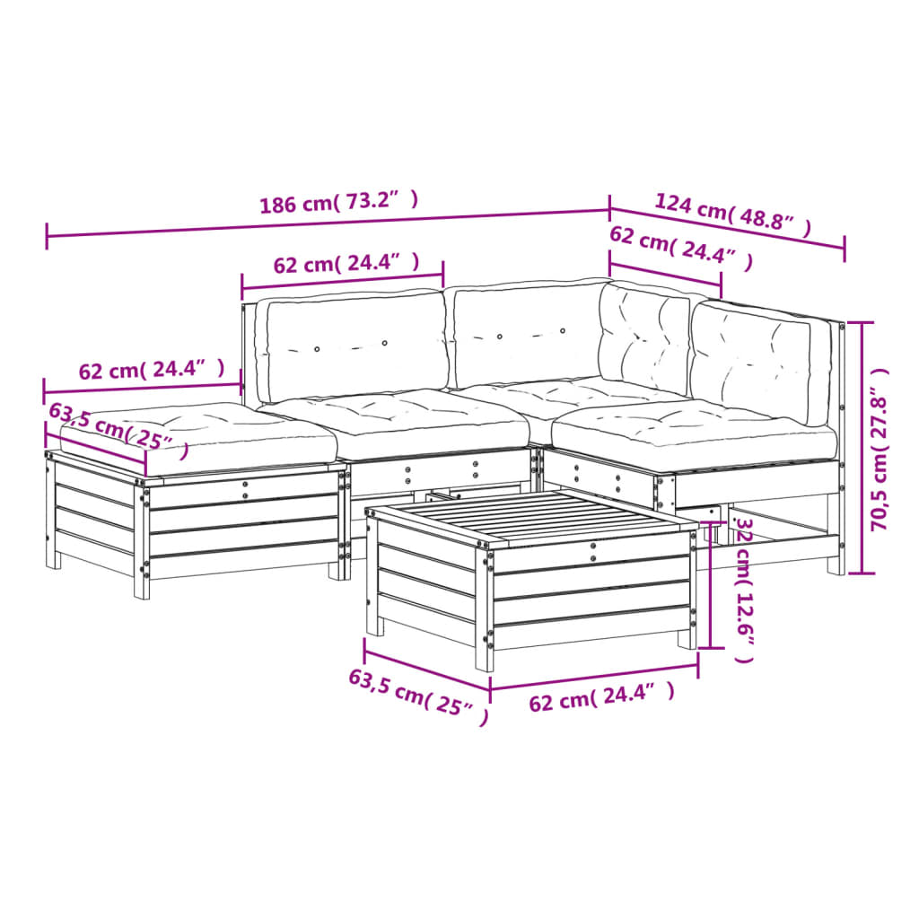 Set Salotto Giardino 5pz con Cuscini Bianco Legno Massello Pino 3250701