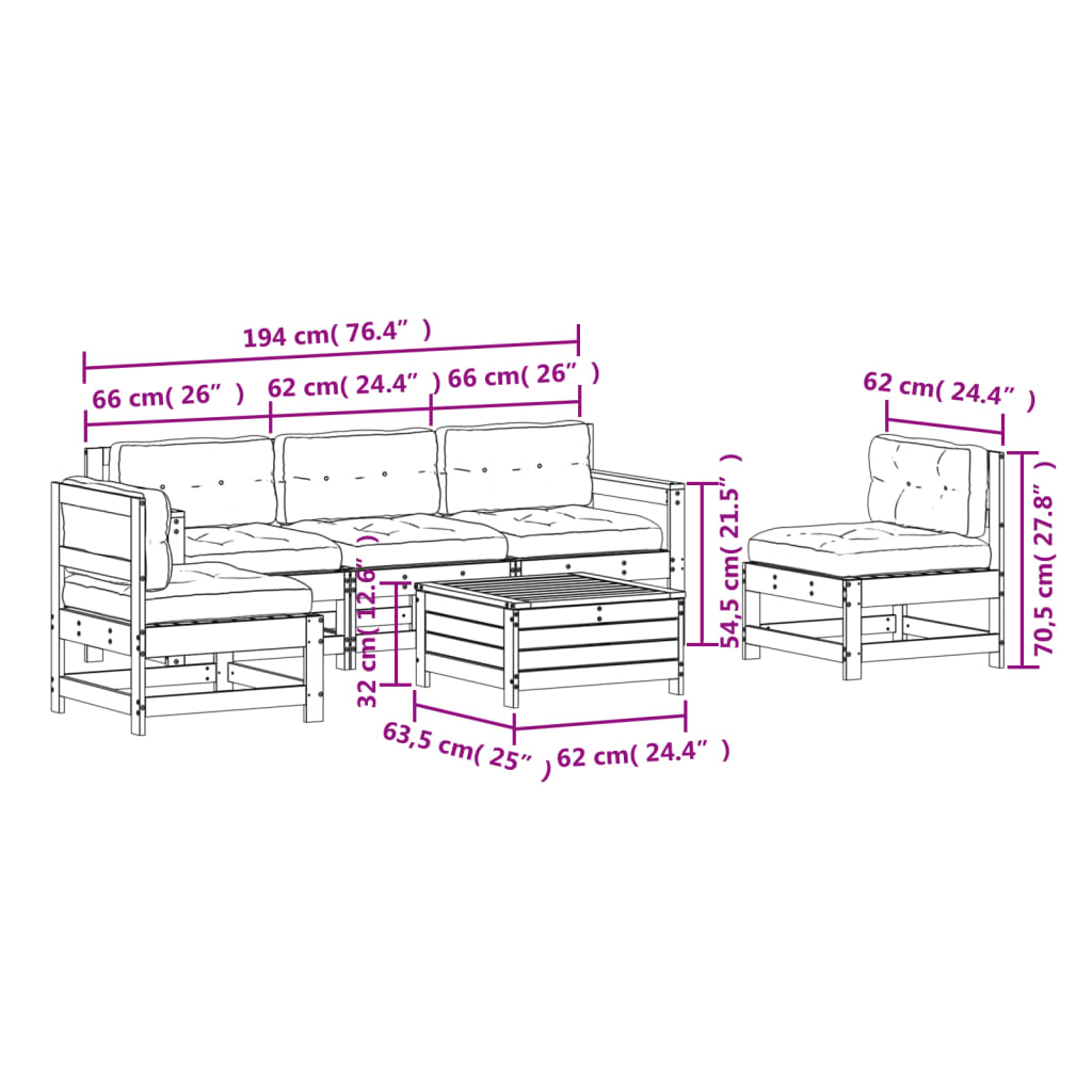 Set Divani Giardino 6 pz con Cuscini in Legno Massello di Pino 3250732