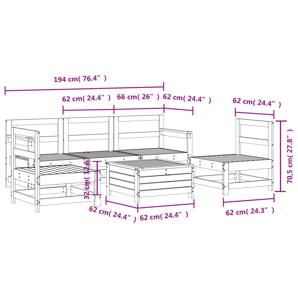 Set Divani da Giardino 6 pz in Legno Massello di Pino 3250736