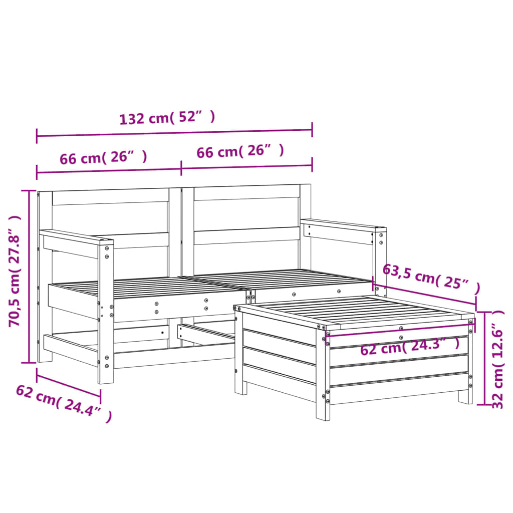 Set Divani da Giardino 3 pz in Legno Massello di Pino 3250760