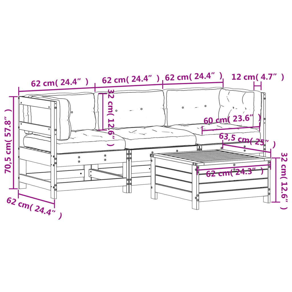 Set Divani da Giardino 4 pz con Cuscini Legno Massello di Pino 3250788