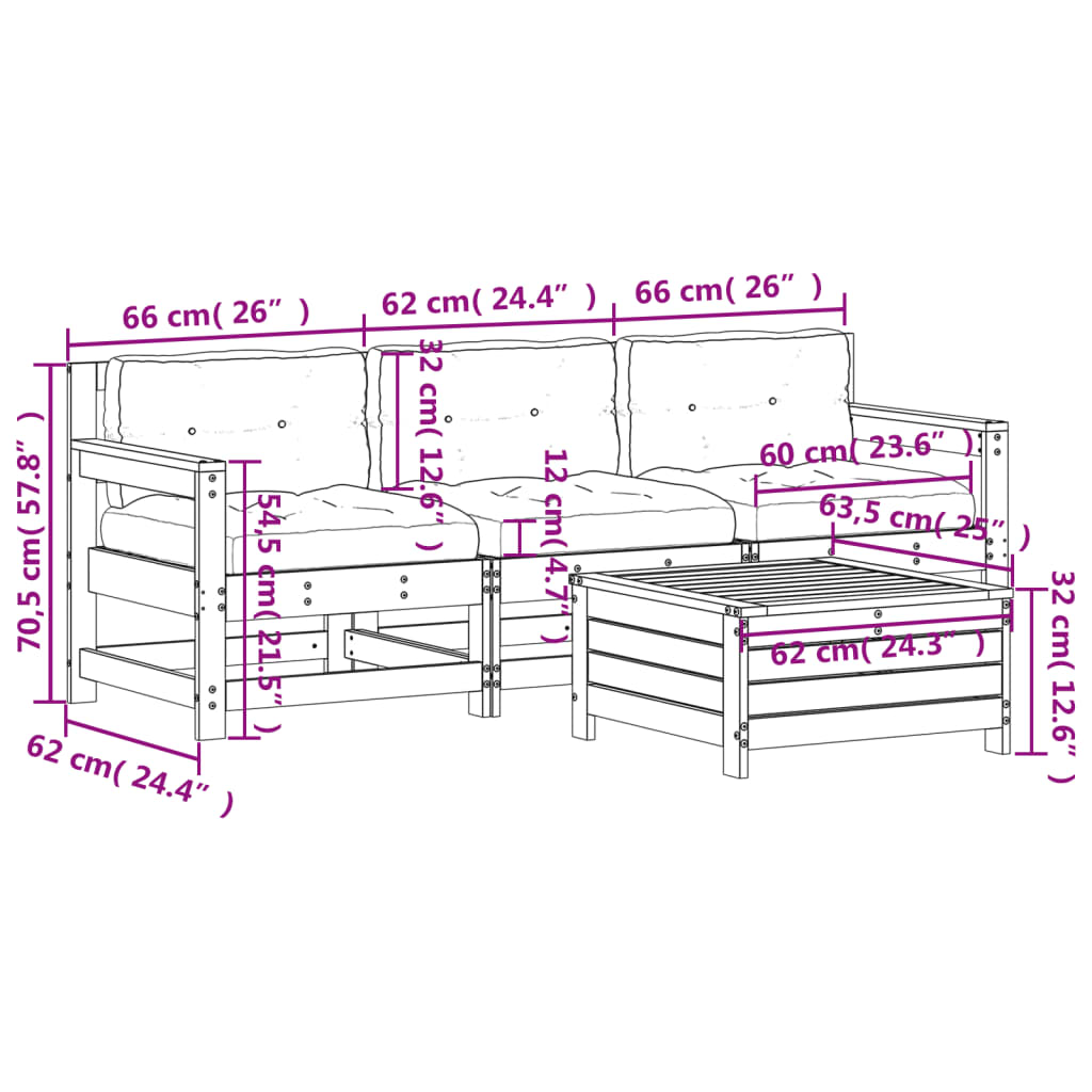 Set Salotto Giardino 4pz con Cuscini Bianco Legno Massello Pino 3250797