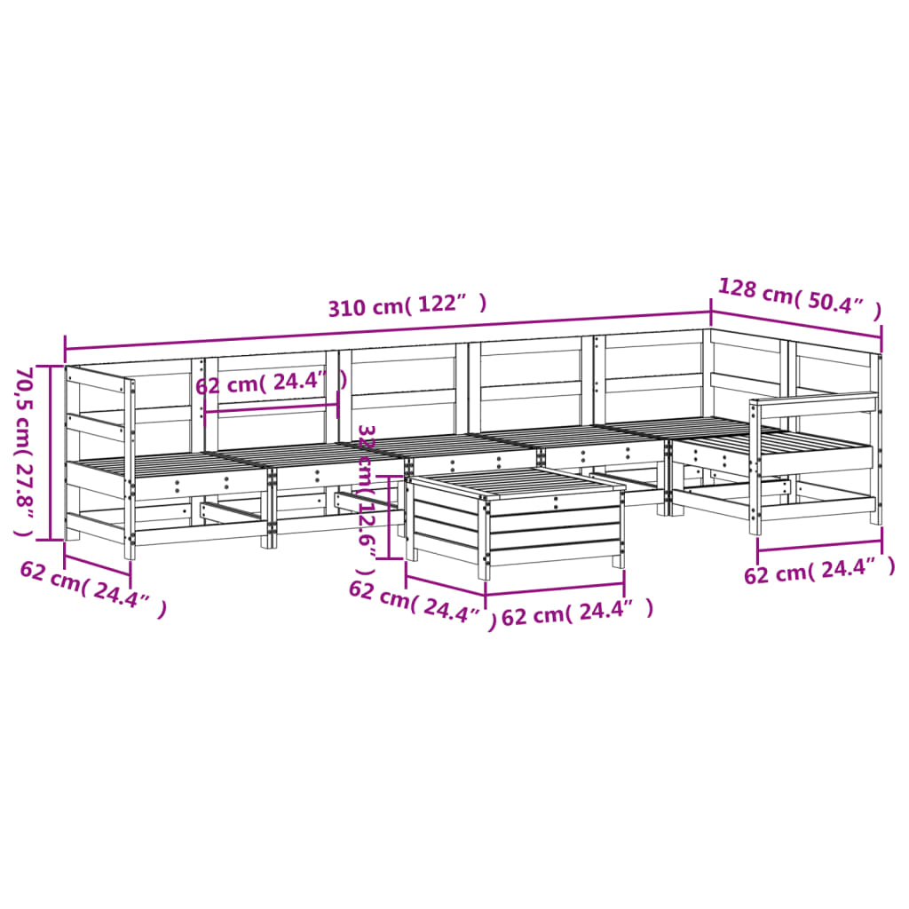 Set Divani da Giardino 7 pz Bianco in Legno Massello di Pino 3250881