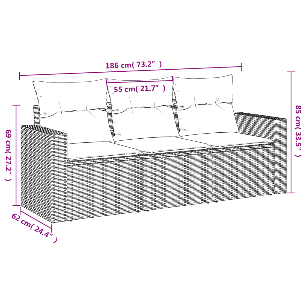 Set Divani da Giardino 3 pz con Cuscini in Polyrattan Nero 3250992