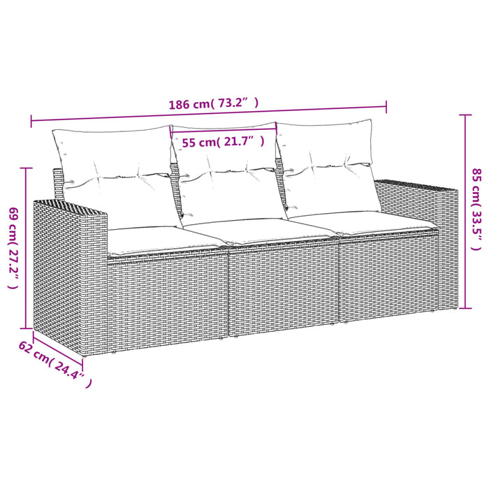 Set Divani da Giardino 3 pz con Cuscini in Polyrattan Nero 3250992