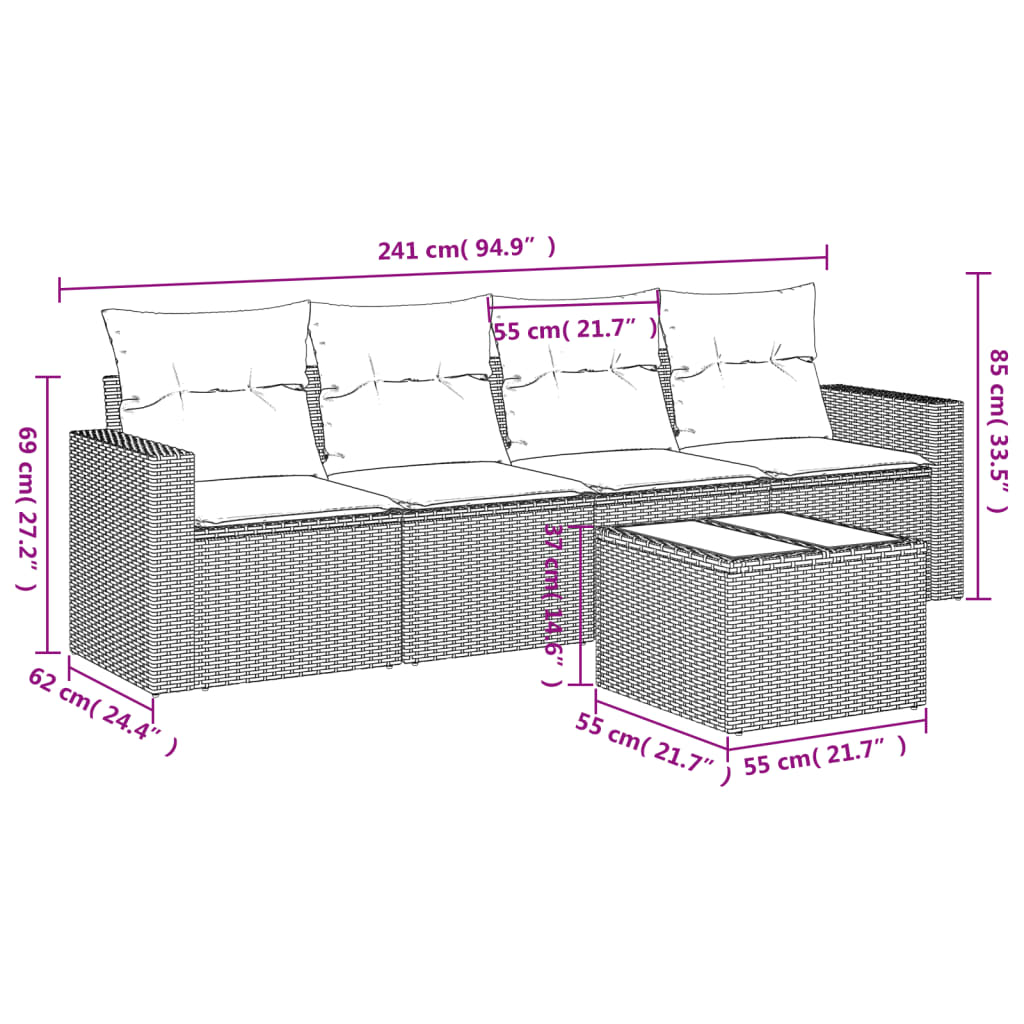 Set Divani da Giardino 5 pz con Cuscini in Polyrattan Nerocod mxl 88604