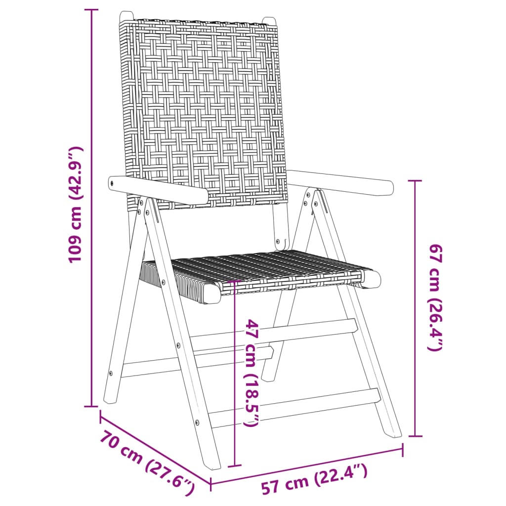 Sedie Giardino Reclinabili 8pz Nere Polyrattan e Legno Massello 3214522