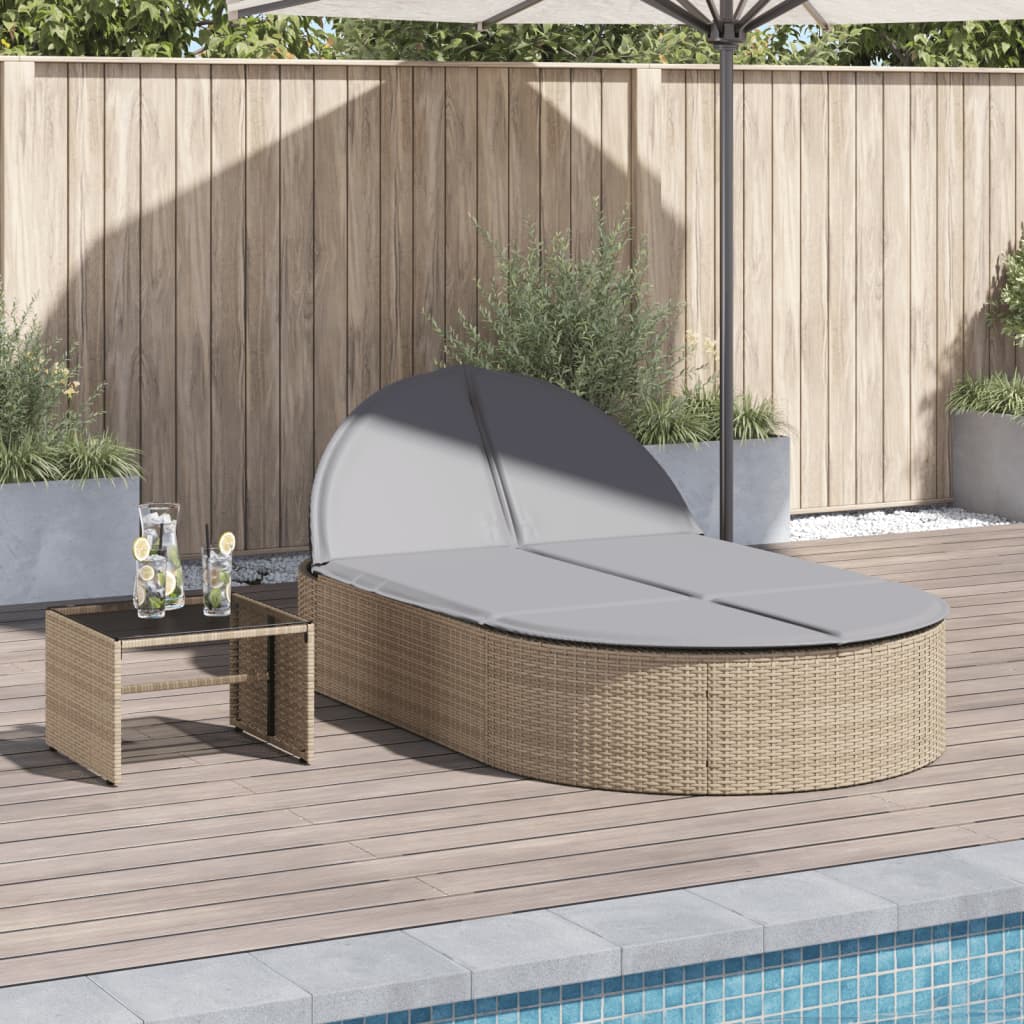 Lettino Prendisole con Cuscini Beige in Polyrattan 368649