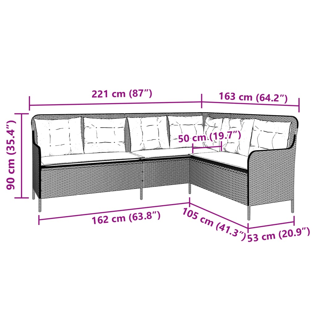 Divano da Giardino con Cuscini a L Marrone in Polyrattan 369001