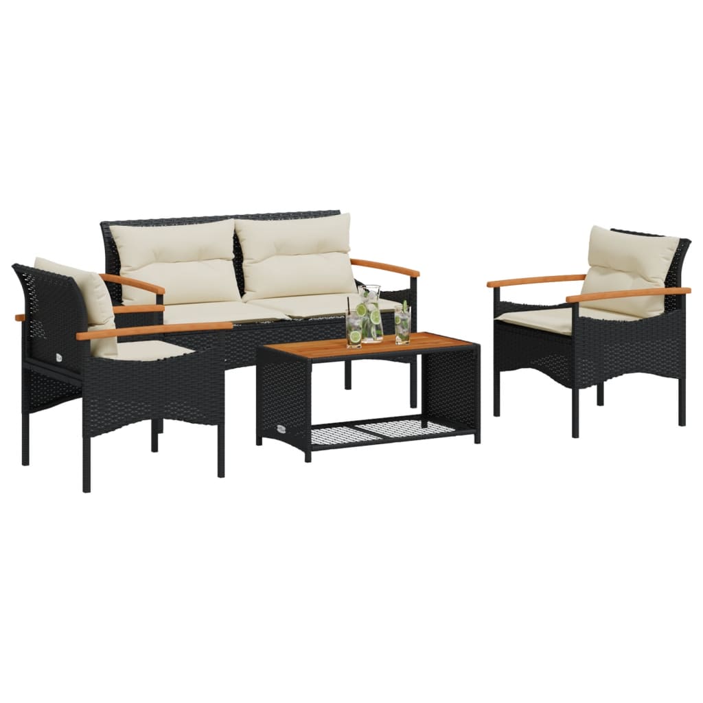 Set Divani da Giardino 4 pz con Cuscini Nero in Polyrattan 368398